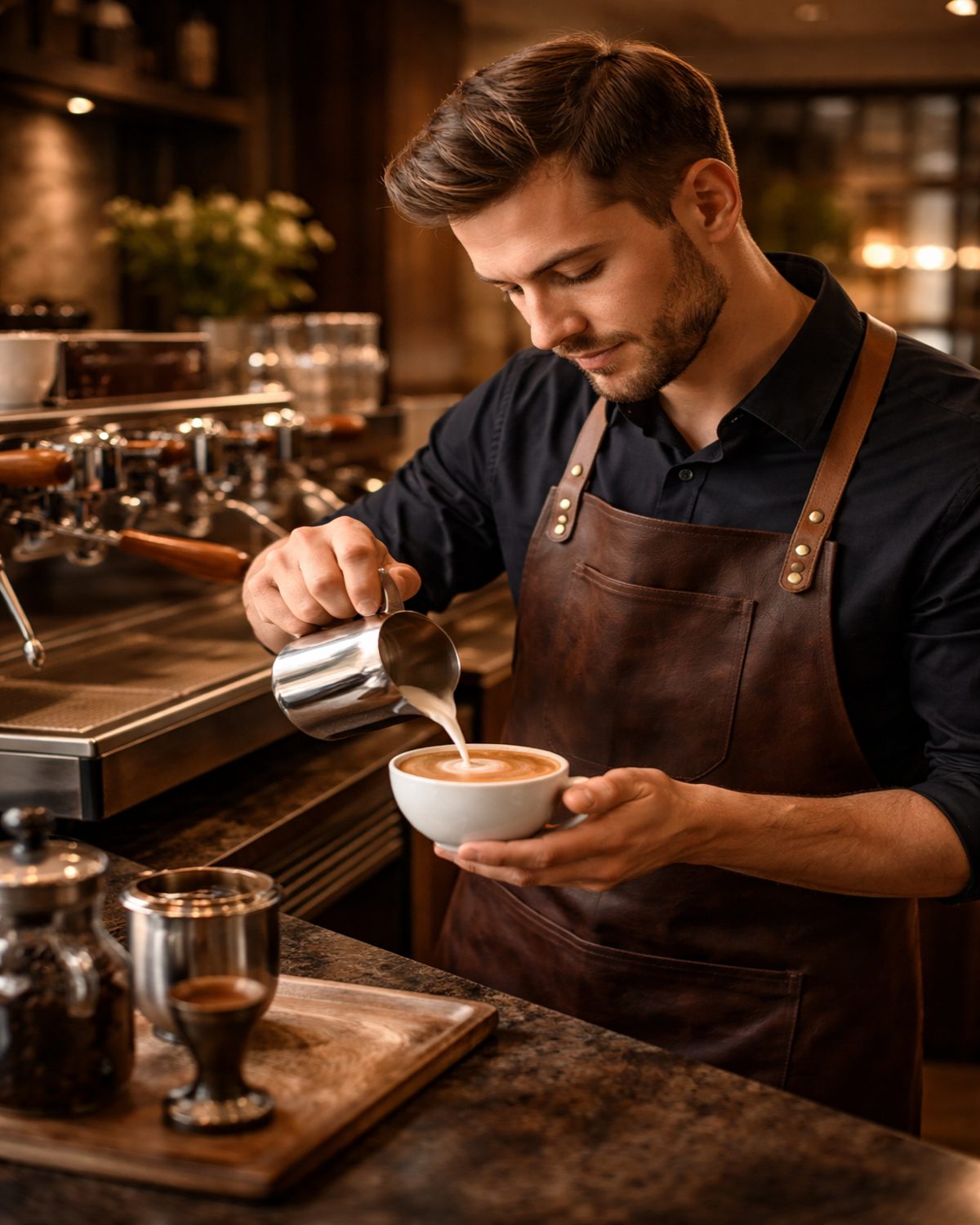 Barista die latte art afwerkt