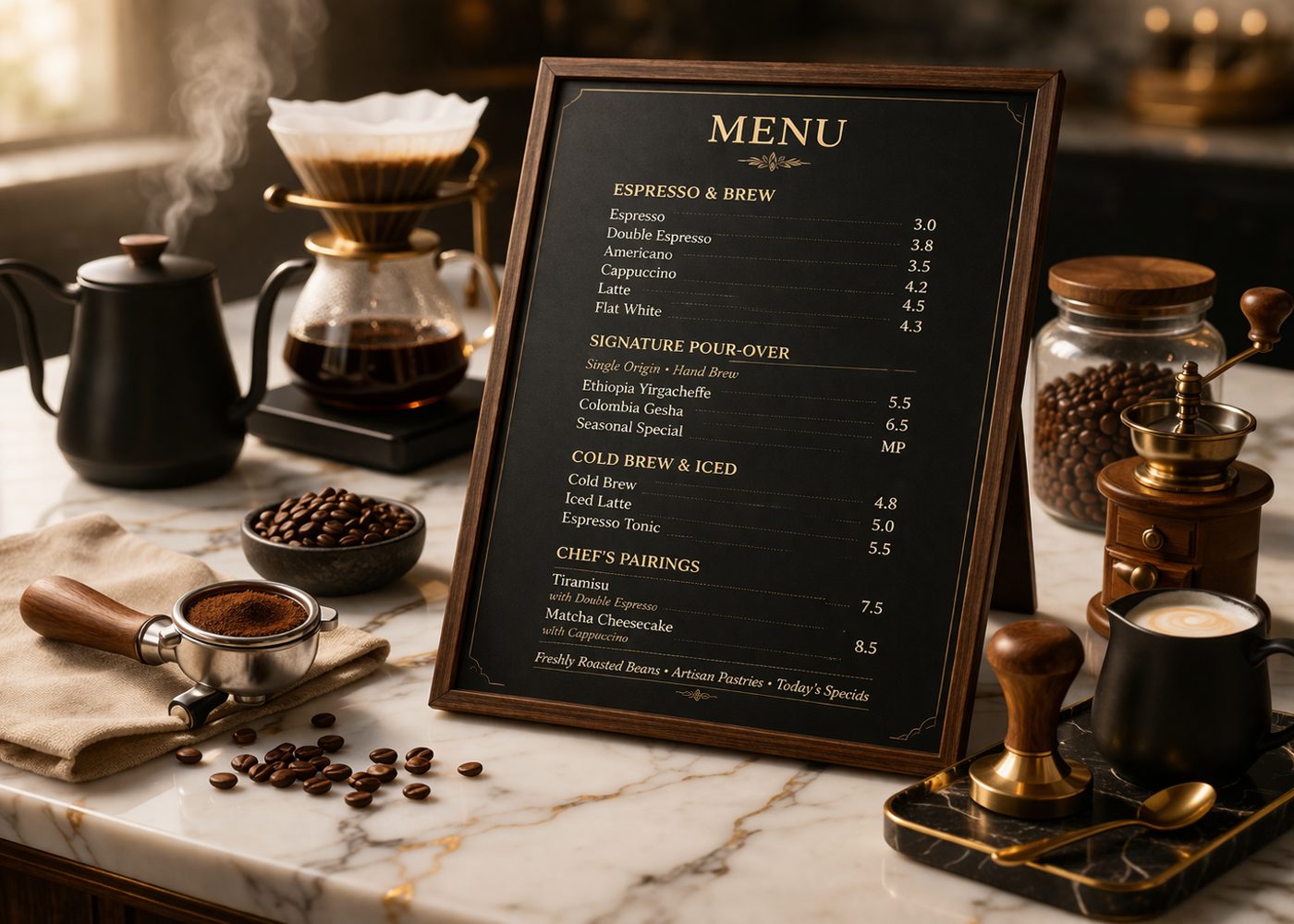 Luxe coffee menu op marmeren toonbank