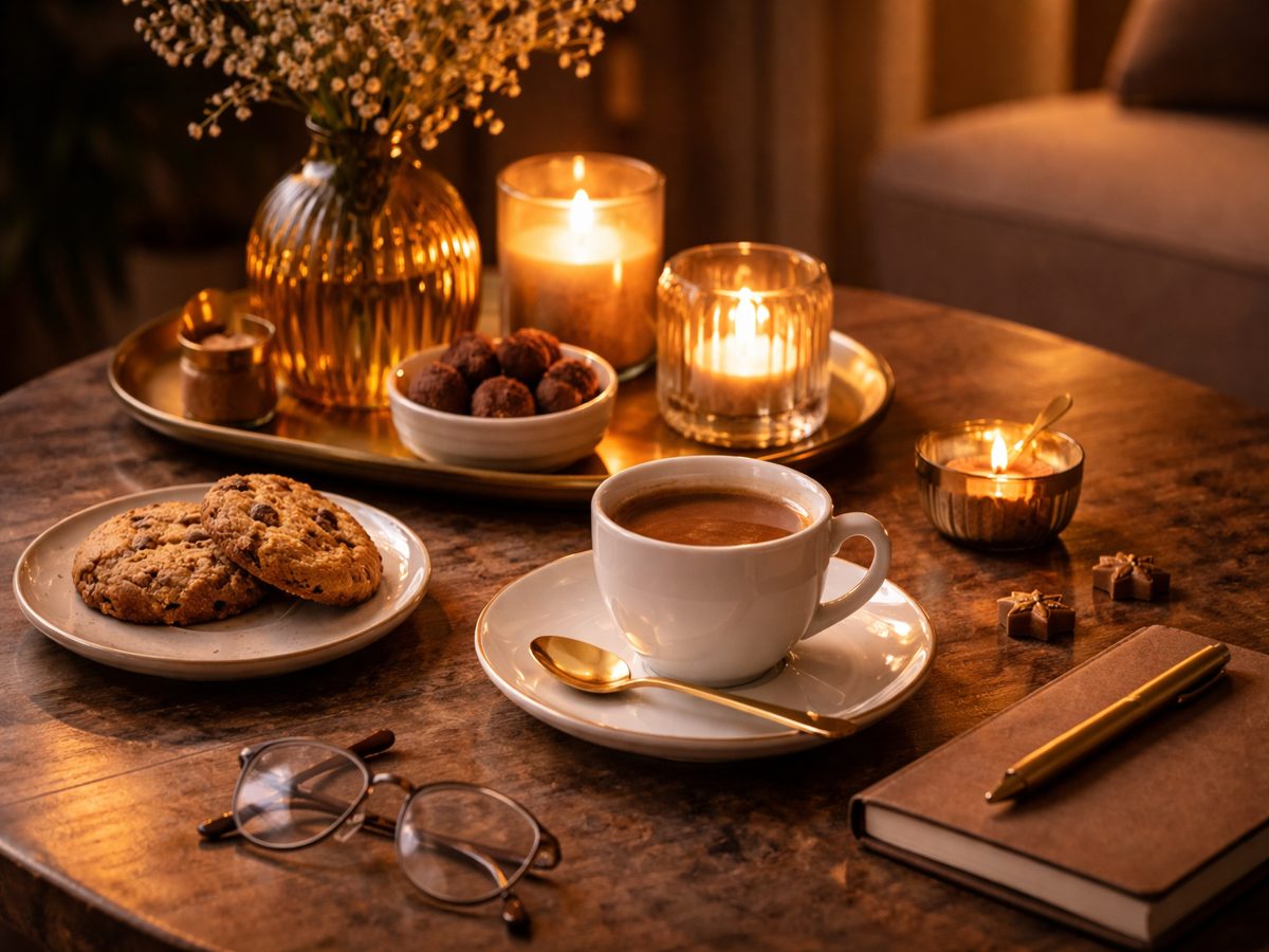 Sfeervolle avondtafel met espresso